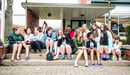 Students at an all-girls school hang out together on campus.